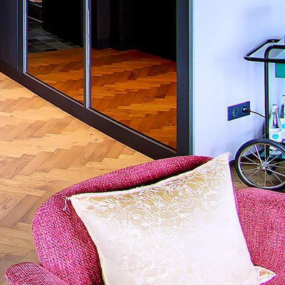 Bedside table with lamp in the loft
